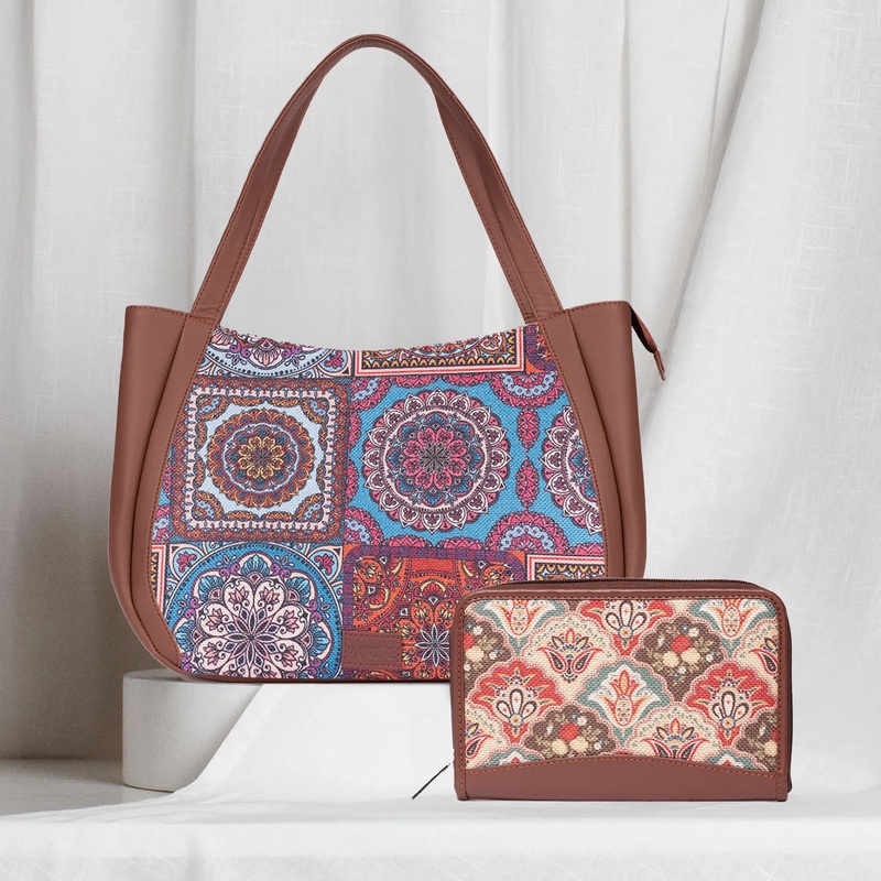 Multicolor Mandala Print & Mughal Art Multicolor - Luna Handbag & Chain Wallet Combo