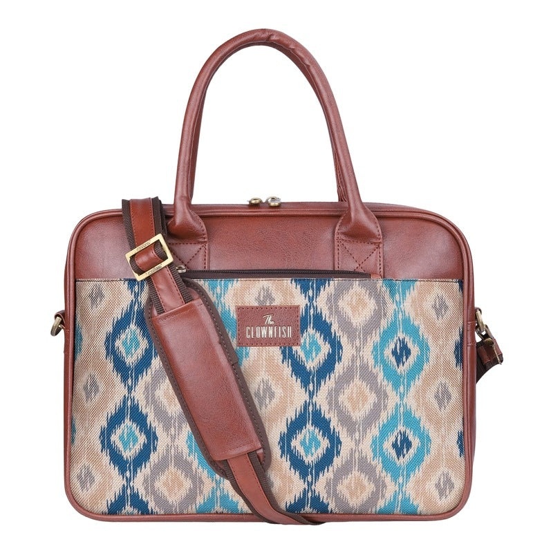 THE CLOWNFISH Deborah series 15.6 inch Laptop Bag For Women Printed Handicraft Fabric & Faux Leather Office Bag Briefcase Messenger Sling Handbag Business Bag (Fern Green)