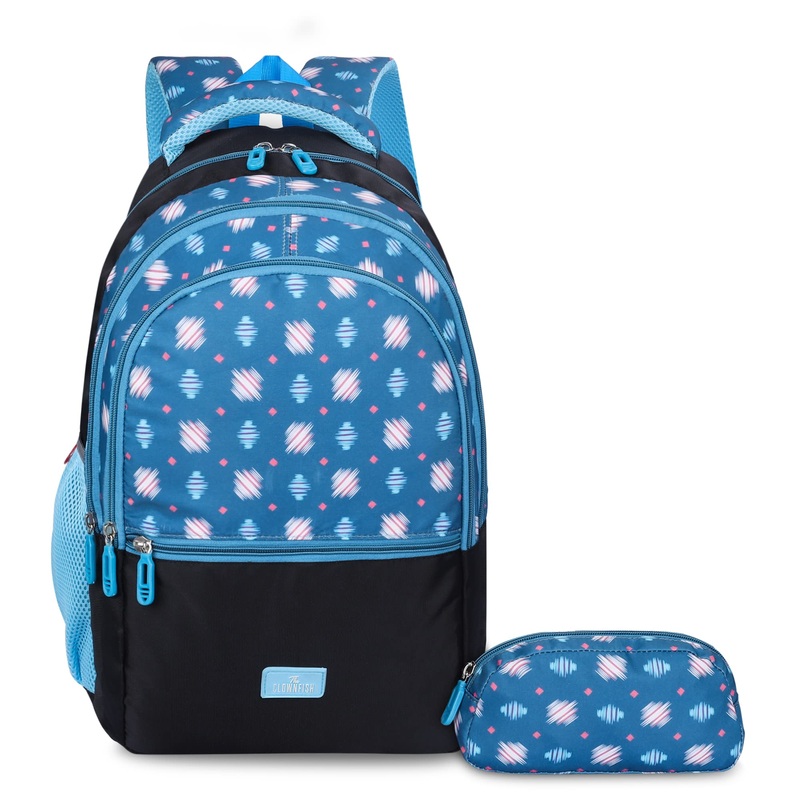 THE CLOWNFISH Edutrek Series Printed Polyester 36 L School Backpack with Pencil/Stationery Pouch School Bag Zip Pocket Daypack Picnic Bag For School Going Boys & Girls Age-10+ years (Cerulean Blue)