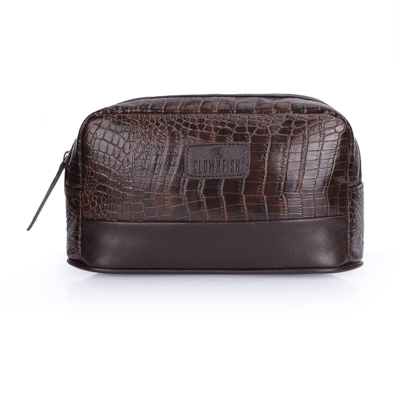 The Clownfish Nico Toiletry Bag - Faux Leather, Compact Design | Shaving Kit & Makeup Pouch | 26x12x13 cms | Dark Brown