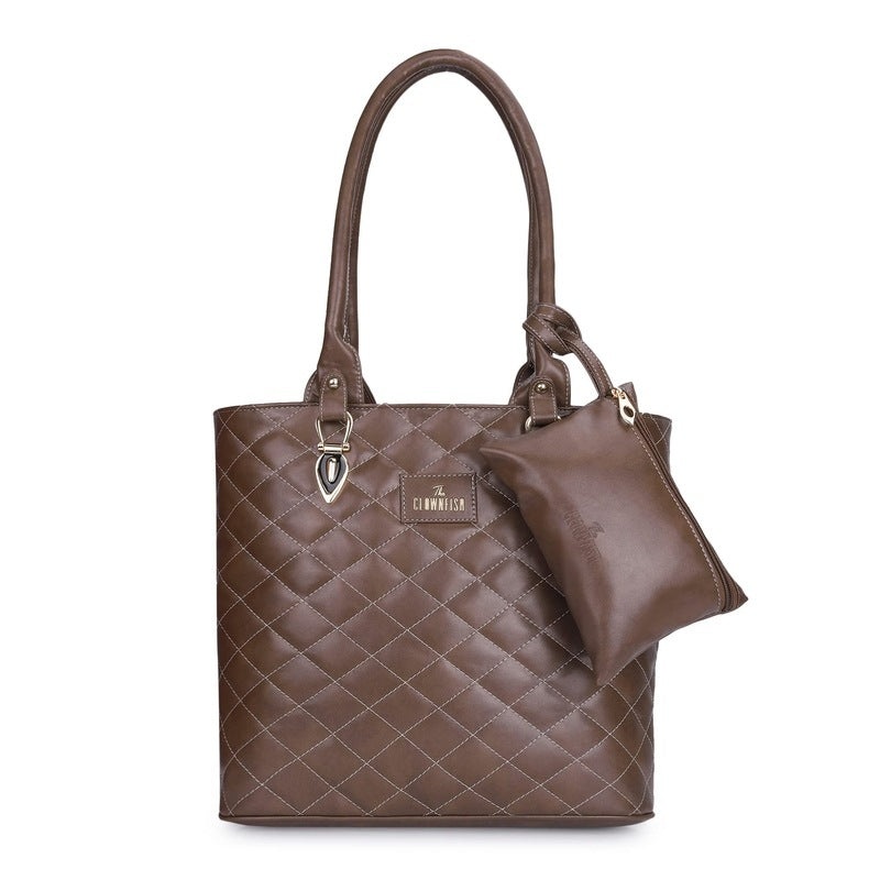 THE CLOWNFISH Siya Collection Faux Leather Handbag - Versatile Tote with Double Handle | Includes Zip Pouch | 14.5L | Dark Brown
