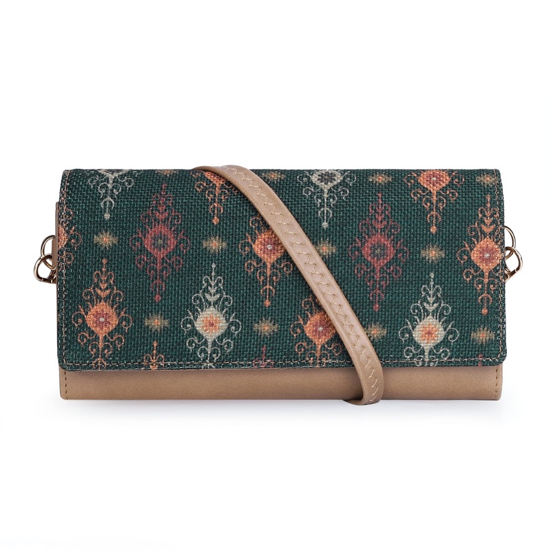 THE CLOWNFISH Women Jolene Printed Handicraft Fabric & Vegan Leather Ladies Wristlet Wallet Purse Sling Bag With Multiple Card Slots & Shoulder Belt (Brown)