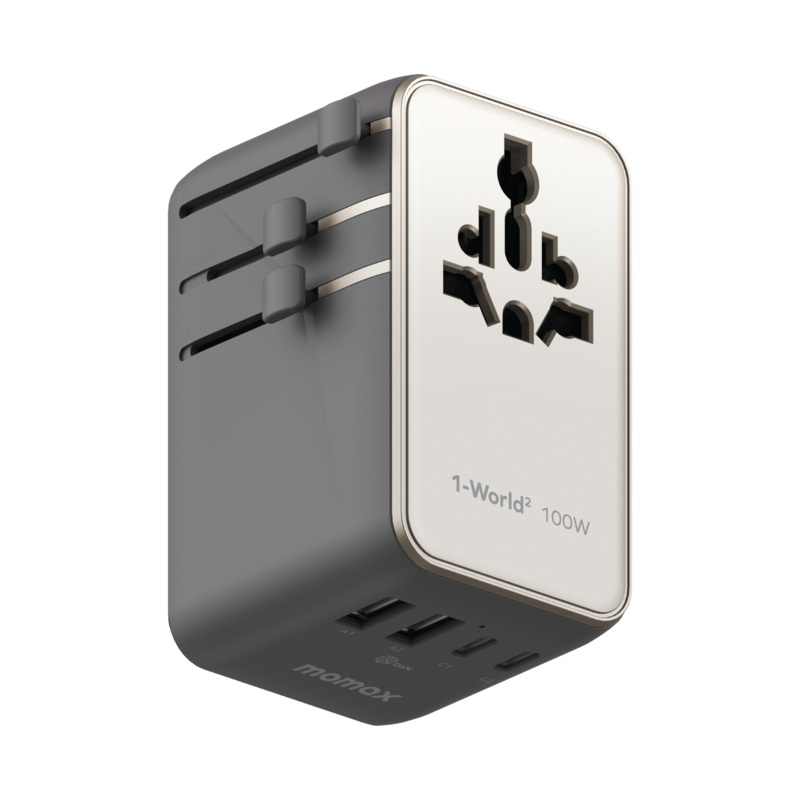 1-World 4-Port Mini Universal Travel GaN Charger with Built-In Retractable Cable 100W with Dual AC