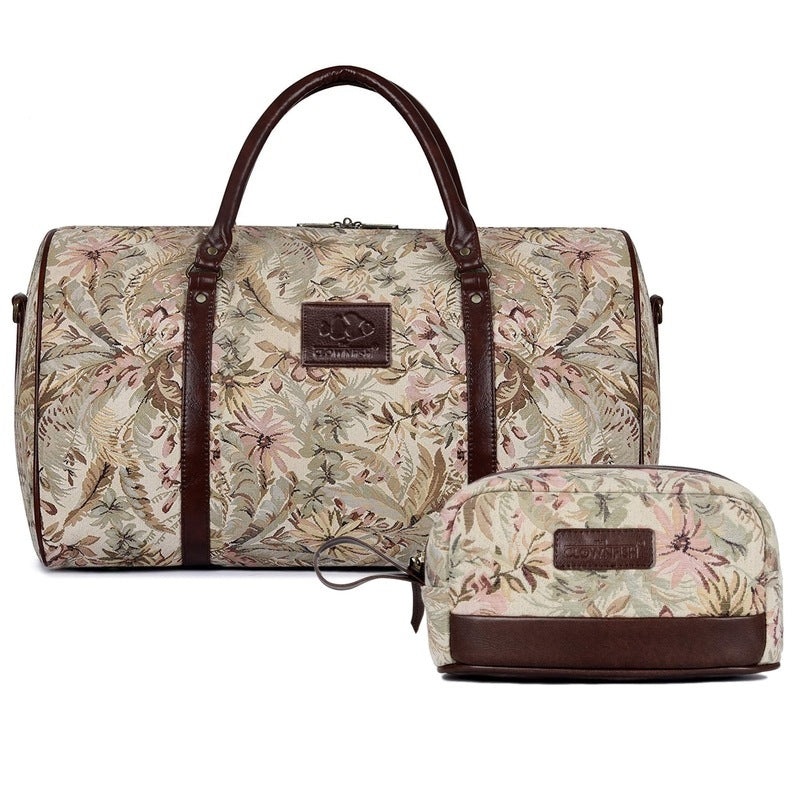Combo: Tapestry Fabric Travel Duffle Bag & Cosmetic Pouch | 40L Duffle | Flory Beige