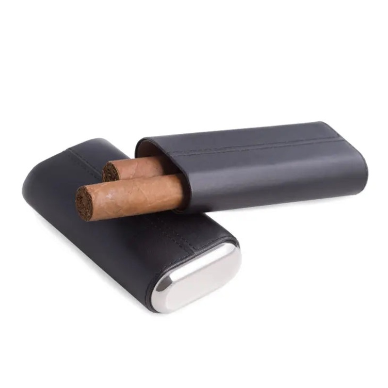 Black Leather Cigar Case with chrome accent