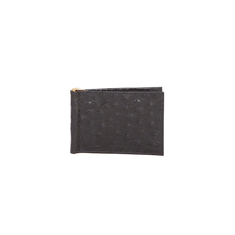 Leather Ostrich Print Metal Money Clip Wallet -Black