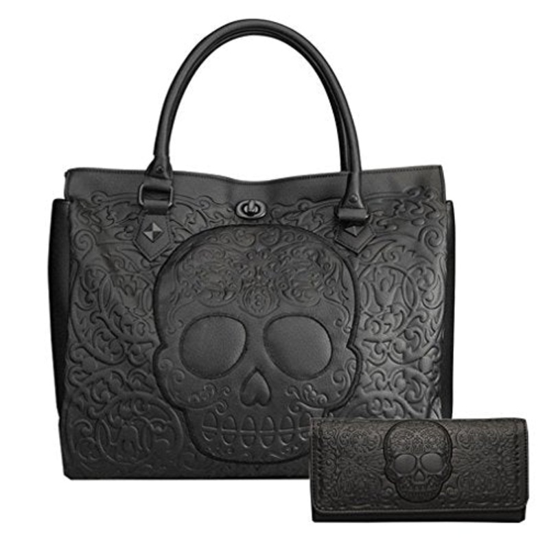 Loungefly Pebble Skull Big Purse and Matching Wallet Set (Black)