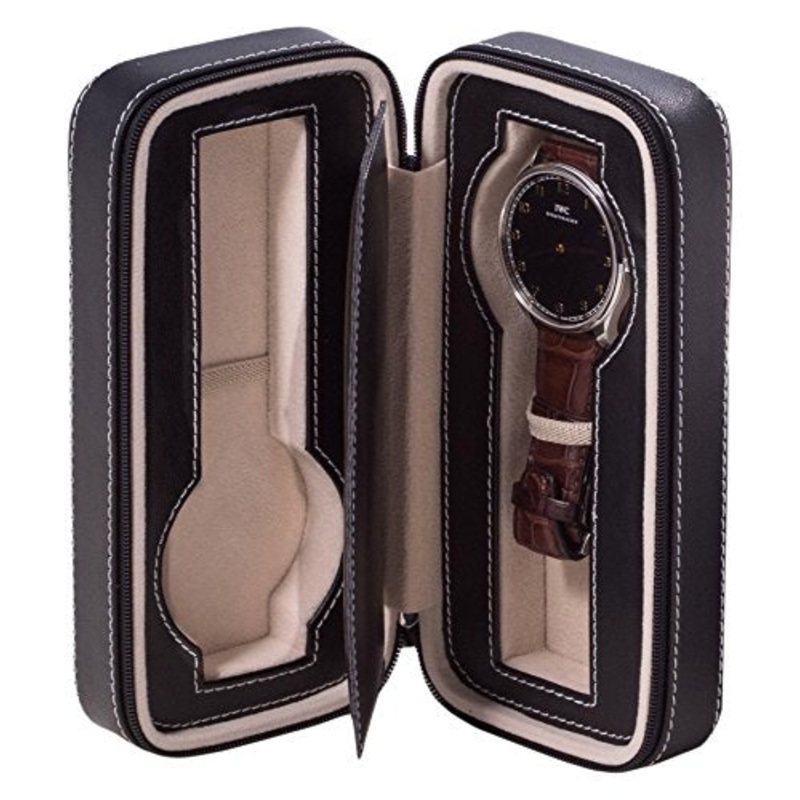 Time Factory Leather Two Watch Travel Case With Form Fit Compartments, Center Divider To Prevent