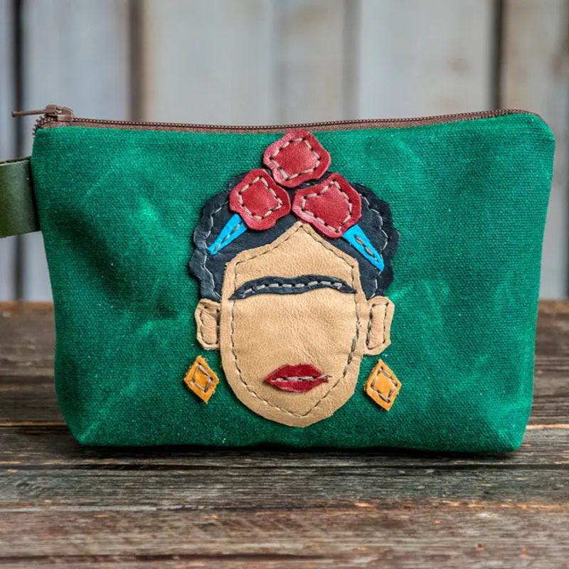 In Blue Handmade Leather Applique | Wax Canvas Zipper Pouch