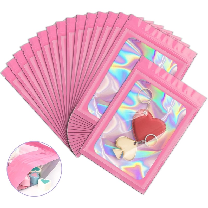 100 Pack Holographic Smell Proof Foil Pouch with Clear Window for Food, Jewelry & Cosmetic Packaging