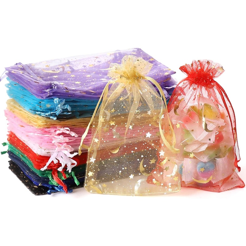 100PCS Moon Star Organza Bags, 4X6" Wedding Favors Bags with Drawstring, Mixed Color Little Mesh Candy Gift Pouches for Party, Jewelry, Christmas, Festival, Eid Mubarak Party Favor Bags