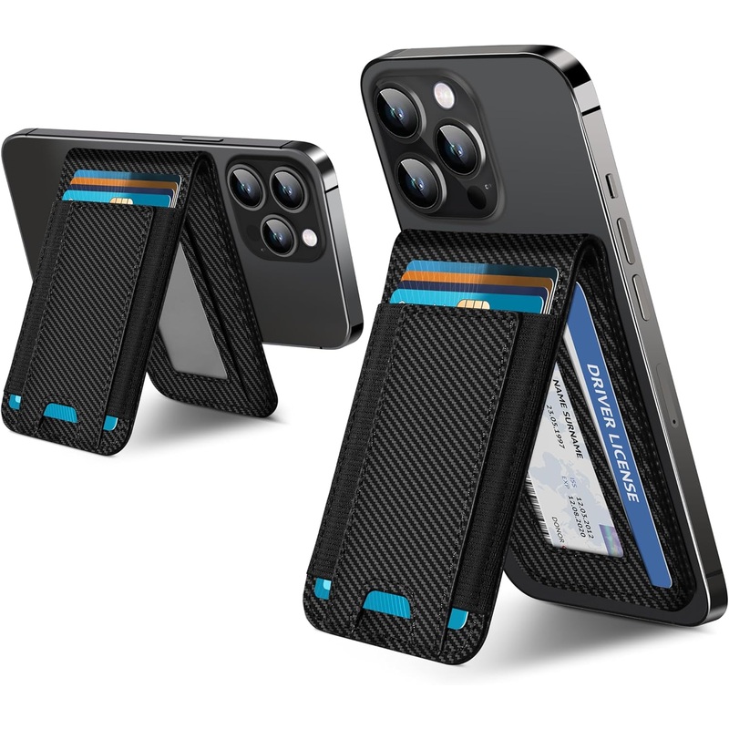 2-In-1 Magsafe Wallet with Adjustable Stand & ID Window for Iphone Series - Black Carbon Fiber