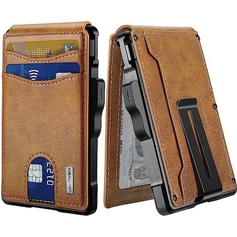 Bifold Wallet with Money Clip for Men Pop Up Aluminum Card Holder - Brown
