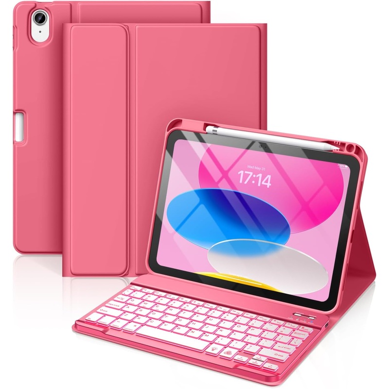 Hamile for Ipad 11Th 10Th Generation Case with Keyboard - 7 Colors Backlit Wireless Detachable Folio Keyboard Cover with Pencil Holder for Ipad 11-Inch A16 2025 10Th Gen 10.9 Inch 2022 (Pink)