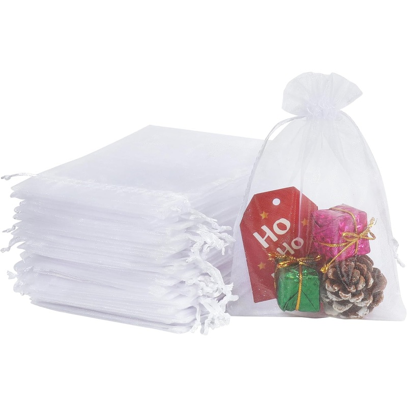 HRX Package 100Pcs White Organza Bags, 4X6 Inch Mesh Bags Drawstring Gift Bags Jewelry Pouches for Candy Wedding Favors Christmas