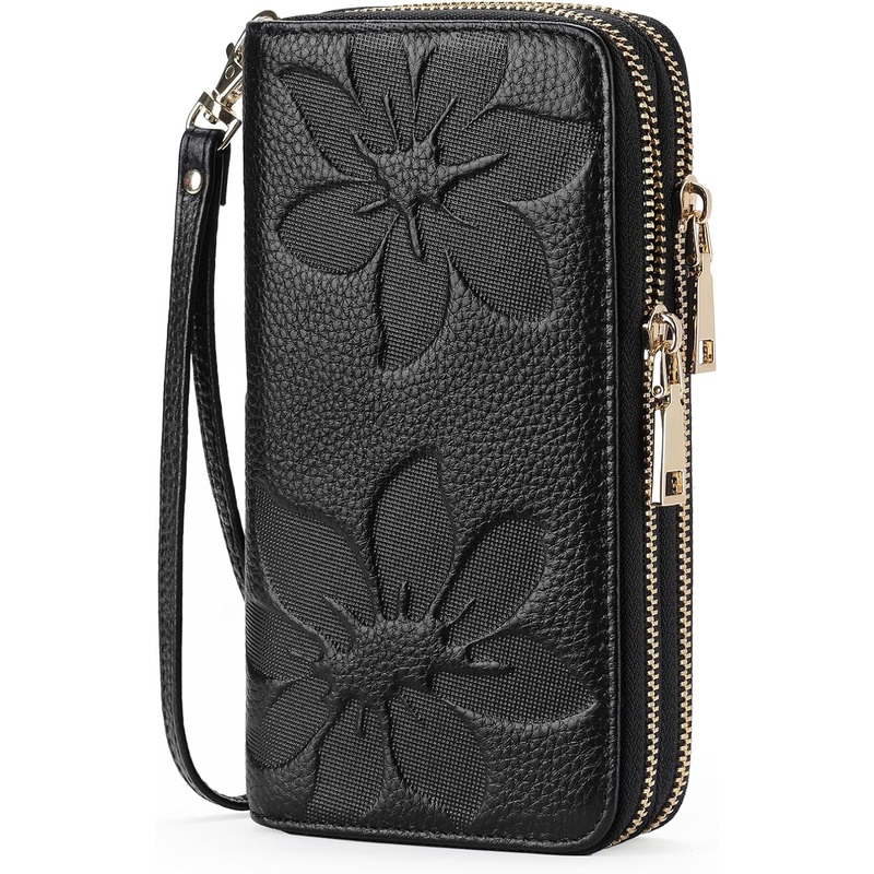 Leather Clutch for Women, Double Zip Wristlet Wallet