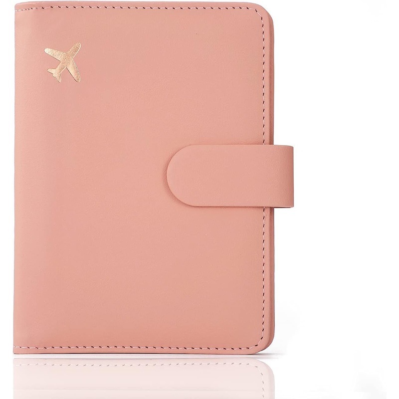 Leather Travel Passport Wallet with Magnetic Closure & Pen Holder, Unisex, Baby Pink