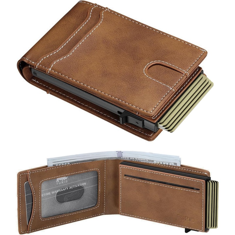 Mens Slim Card Wallet Pop Up Bifold Wallet with ID Window, Brown