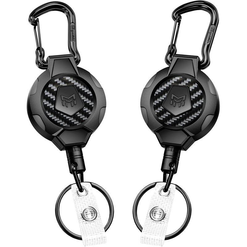 MNGARISTA 2-Pack Retractable Keychain, Heavy Duty 10 OZ Retraction 3K Carbon Fiber ID Badge Reel, Carabiner Badge Holder Hook Upgraded 31.5" Stainless Steel Cord Lanyard with Clip Strap and Key Ring