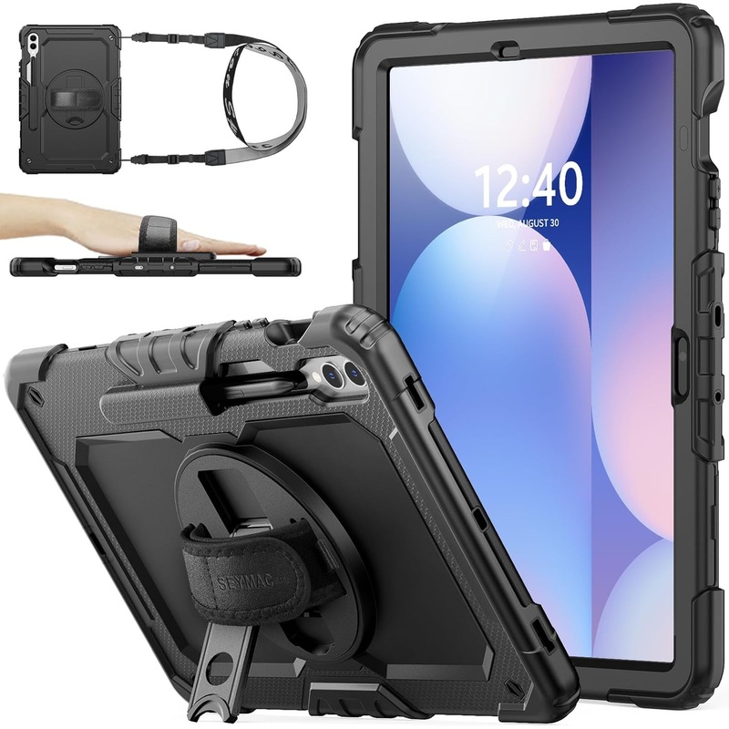 SEYMAC Stock Case for Samsung Galaxy Tab S10 Plus/ S9 FE Plus/ S9 plus 5G Tablet 12.4'' Case with Screen Protector Pencil Holder [360 Rotating Hand Strap] &Stand, Drop-Proof, Black1