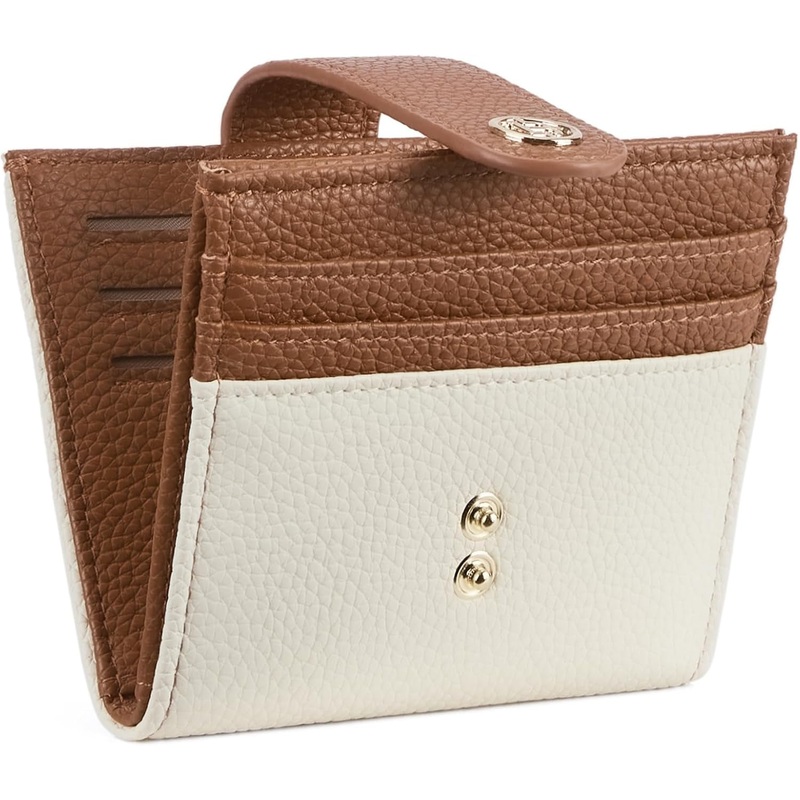 Small Leather Bifold Wallets with Zip Coin Pocket & Double Snaps, Beige+Brown