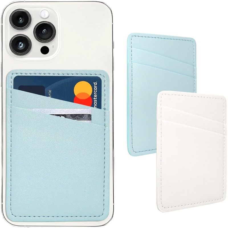 Stick On Phone Wallet, Leather Phone Credit Card Holder, White & Blue