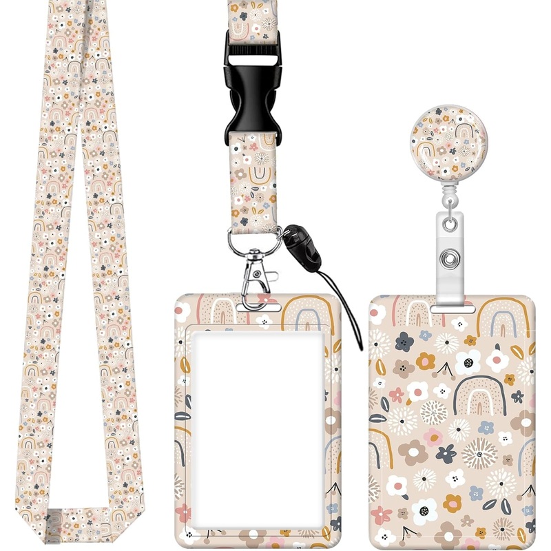 Stylish floral rainbow ID Card Holder with Lanyard for Work Nurse Teacher