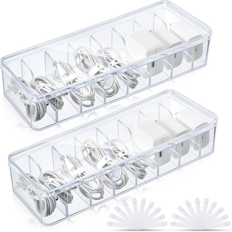 Tatuo 2 Pcs Cable Organizer with 20 Wire Ties,Clear Plastic Cord Charger Storage Box with Clear Lid for Home Office Desk Organization and Accessories