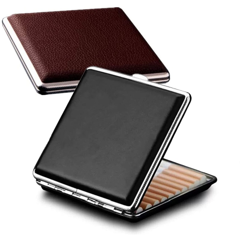tlhaoa 2-pack Leather Cigarette Case, Crush-proof metal construction, 84mm, 20 Capacity, Black + Brown