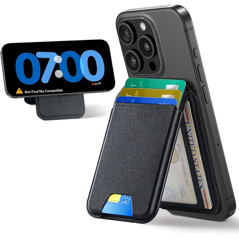 Vegan Leather MagSafe Wallet with Adjustable Stand & ID Window, Compatible iPhone Series, Black