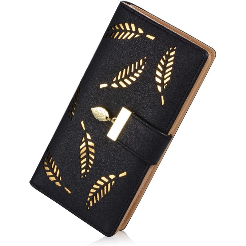 Women'S Long Leaf Bifold Wallet Leather Card Holder Purse Zipper Buckle Elegant Clutch Wallet Handbag for Women - Black