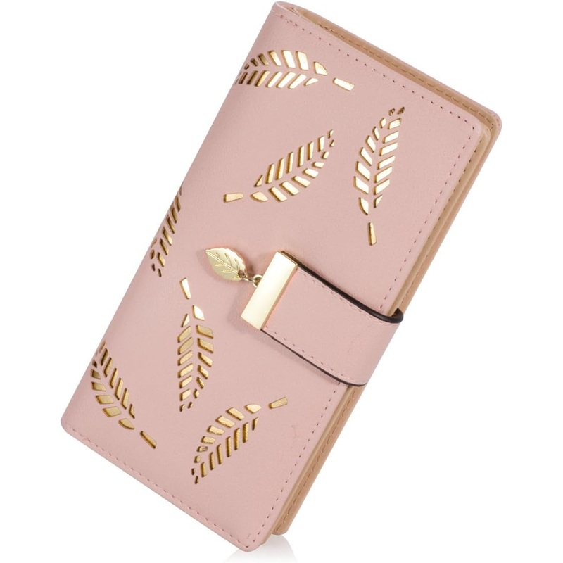 Women'S Long Leaf Bifold Wallet Leather Card Holder Purse Zipper Buckle Elegant Clutch Wallet Handbag for Women - Pink