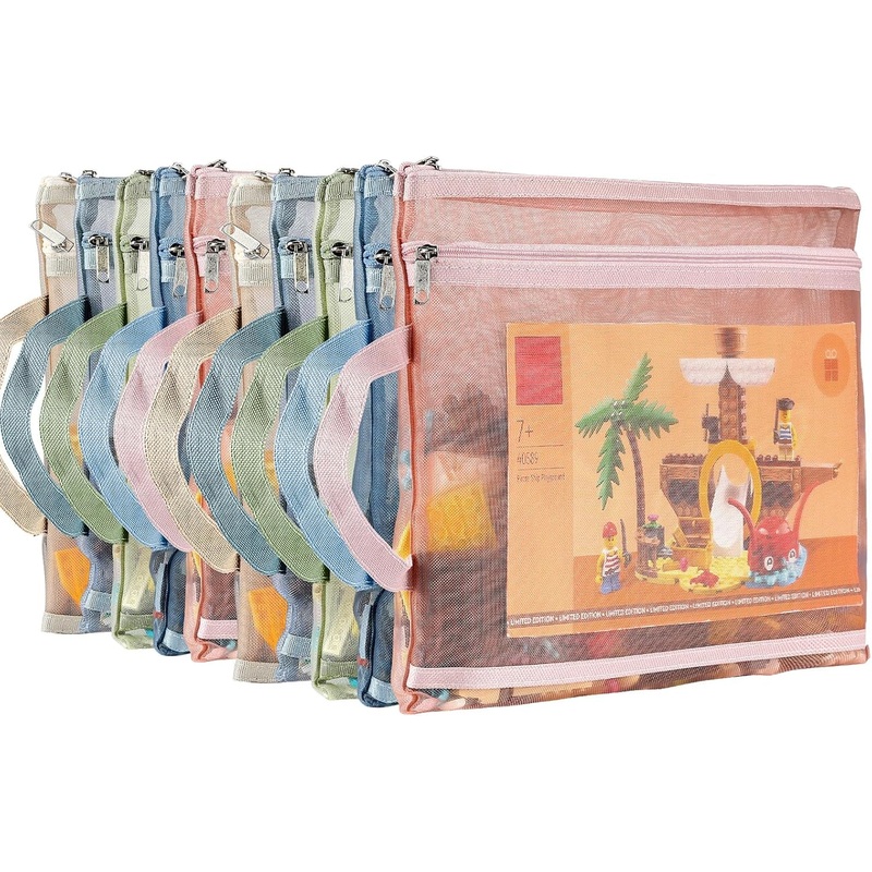 10 Pack Colored Mesh Zipper Pouch Bags, Double-Layer Nylon Puzzle Building Block Sets Toy Storage & Organization, Breathable See through A4 Zipper Pouch with Handle for School Games