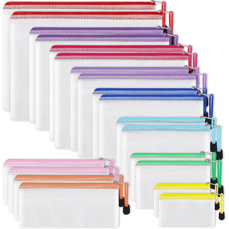 20-Pack Mesh Zip Documents Pouch, 8 Sizes Waterproof Plastic Travel Storage