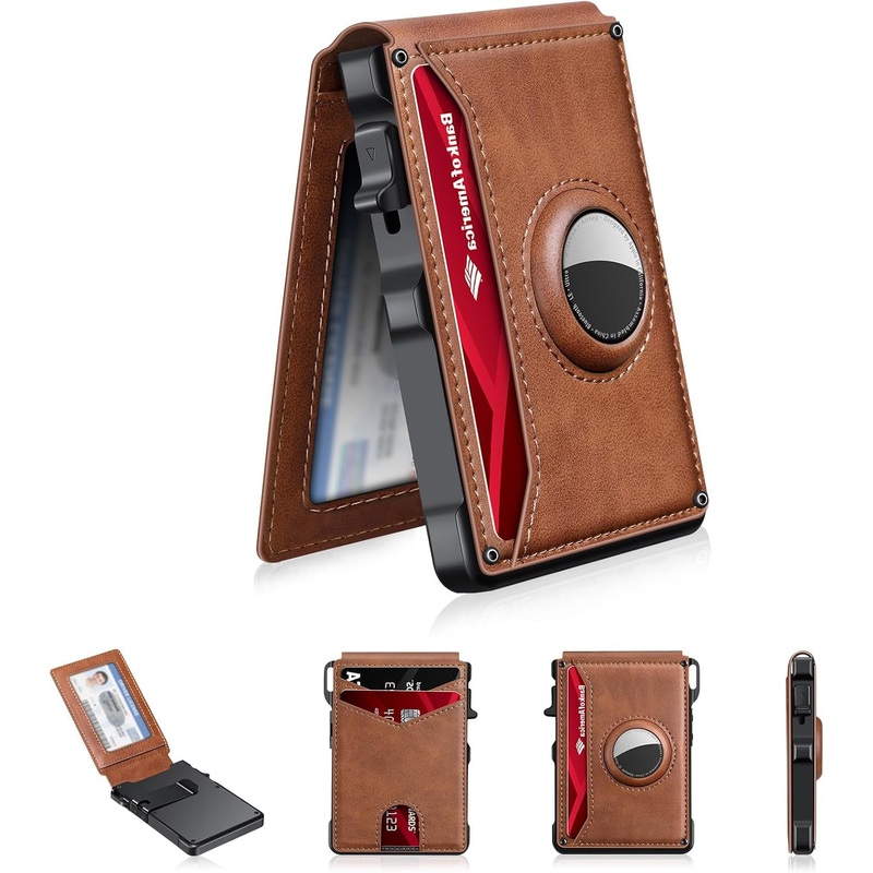 Airtag Wallet with ID Window & Money Clip for Men, Minimalist Bifold Pop Up Aluminum Card Holder, Brown