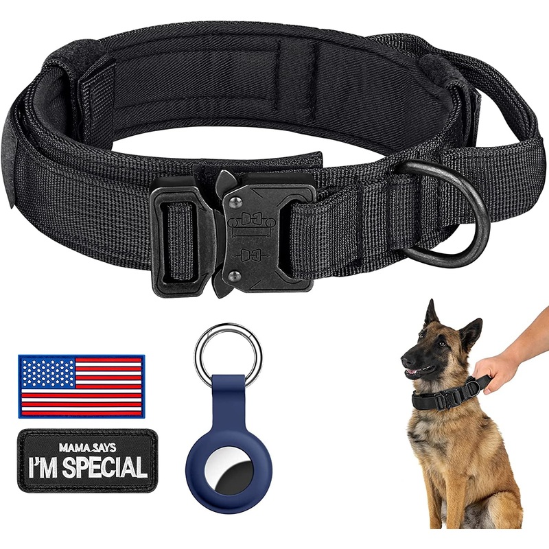 DAGANXI Tactical Dog Collar, Adjustable Military Training Nylon Dog Collar with Control Handle and Heavy Metal Buckle for Medium and Large Dogs, with Patches and Airtags Case (L, Black)
