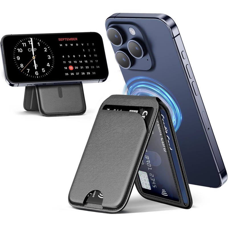 Mag-Safe Wallet Magnetic Wallet for Iphone Lightweight Magnetic Phone Wallet Stand Adjustable Leather Magnetic Card Holder for Iphone 16/15/14/13/12 Series, Not for Iphone 13/12 Mini (Black)