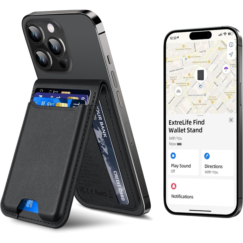 Magsafe Wallet for iPhone Series with Adjustable Stand, Works with Apple Find My - Black