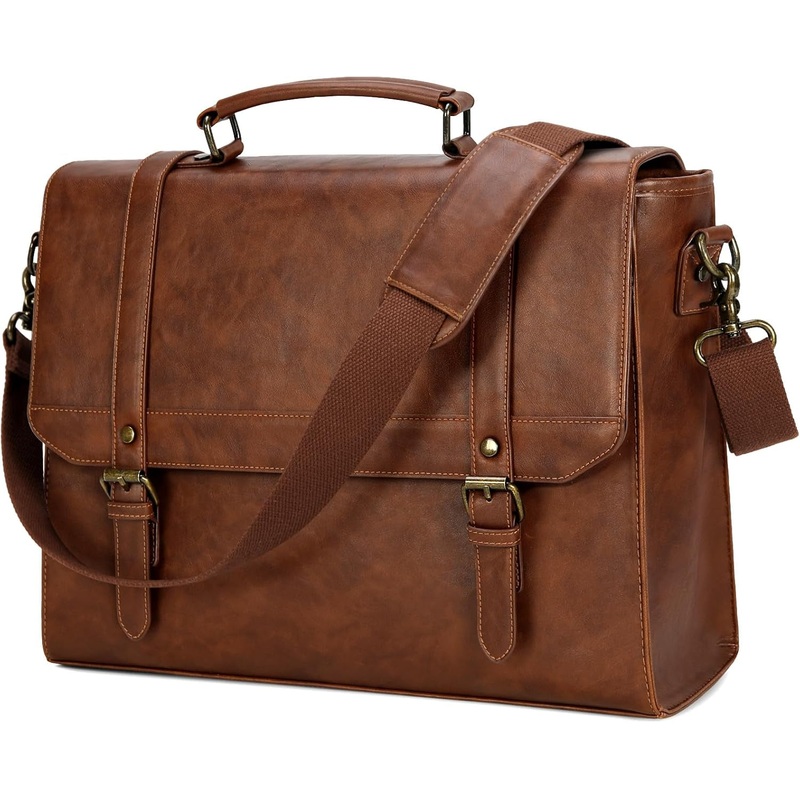 Messenger Bag for Men, 15.6 inch Leather Laptop Briefcase, Business Travel Shoulder Bag, Brown