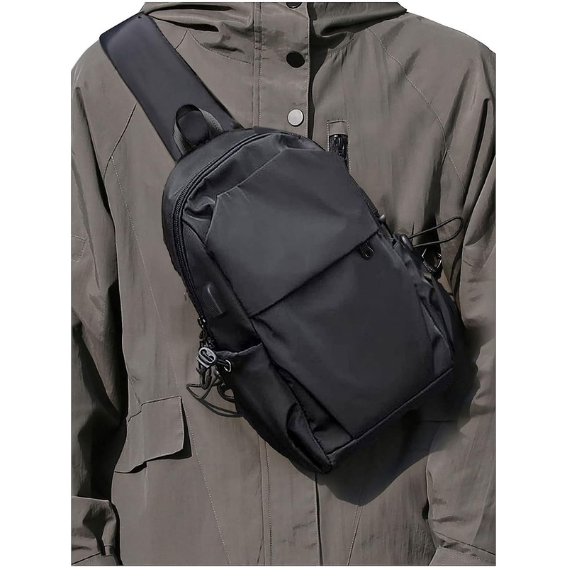 Nylon Crossbody Sling Bag for Men Women with USB Charger Port, Black