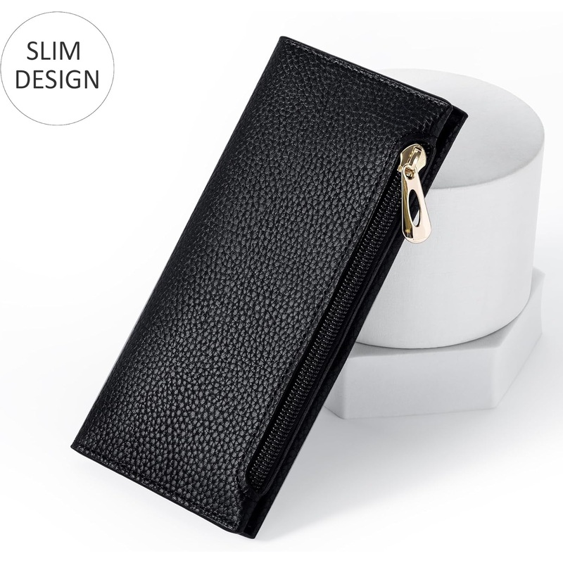 Slim Long Bifold Wallet, Leather Credit Card Holder for Ladies with Zip Pocket
