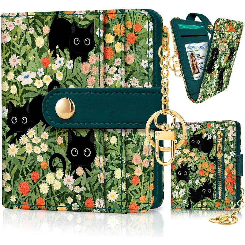Womens Black Cat Floral Bifold Wallet with ID Window