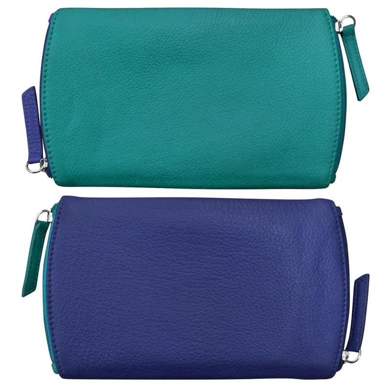 ILI New York Leather Two Tone Double Zip Eyeglass Case - Aqua/Cobalt