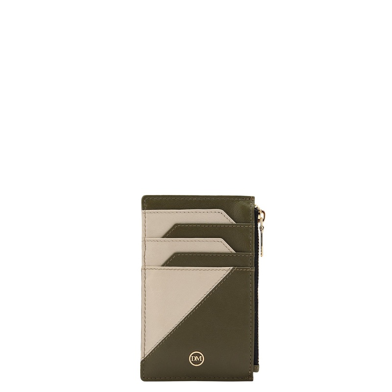 Plain Leather Card Case - Green & Ivory