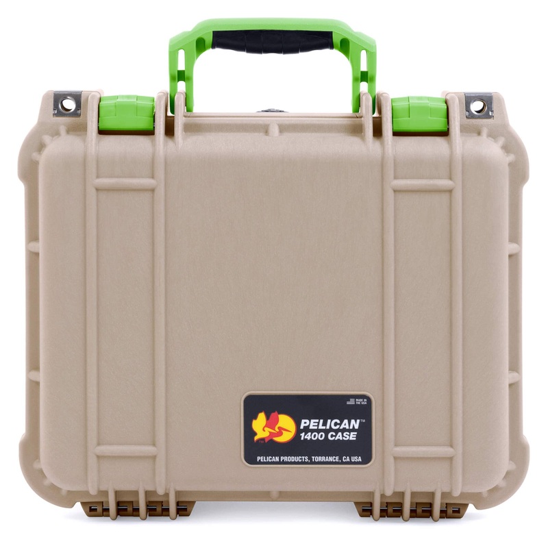 Pelican 1400 Case, Desert Tan with Lime Green Handle & Latches