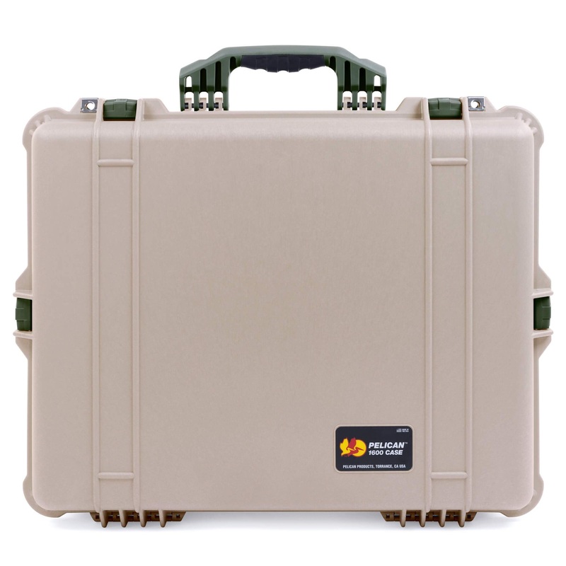 Pelican 1600 Case, Desert Tan with OD Green Handle & Latches