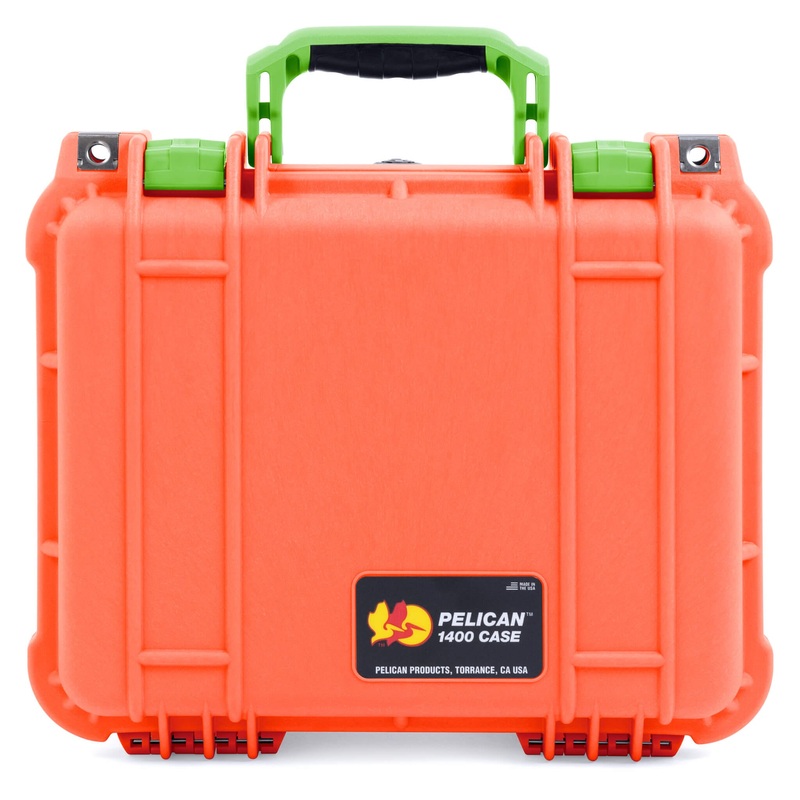 Pelican 1400 Case, Orange with Lime Green Handle & Latches