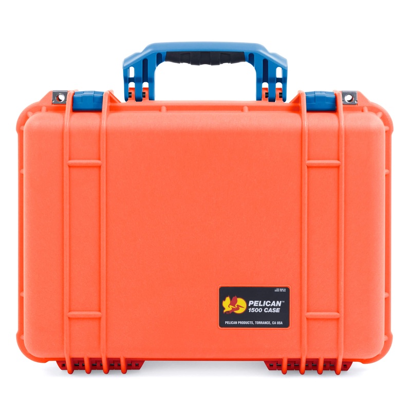 Pelican 1500 Case, Orange with Blue Handle & Latches
