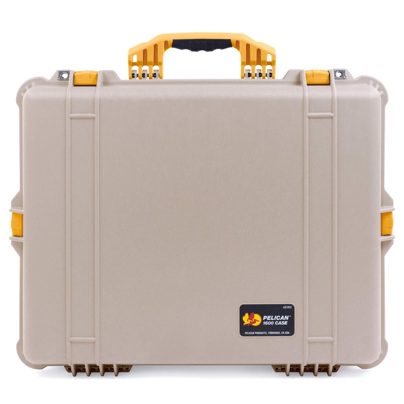Pelican 1600 Case, Desert Tan with Yellow Handle & Latches