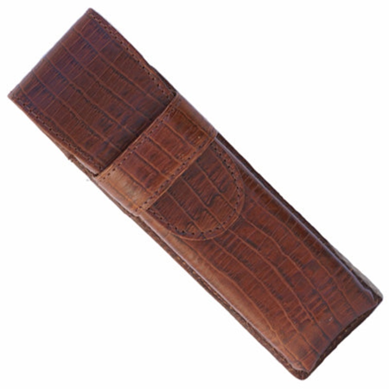 Brown Crocodile Embossed Leather Double Pen Case